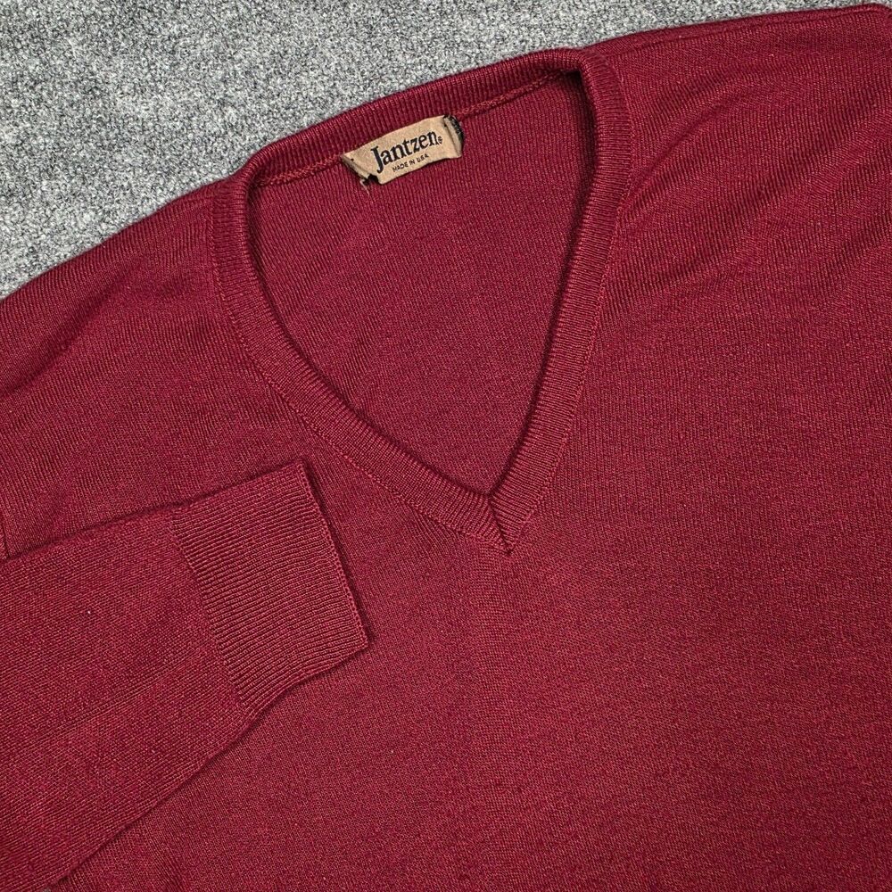 Vintage Jantzen V‑Neck Sweater Men’s L Maroon Red Long Sleeve Knit Made in USA